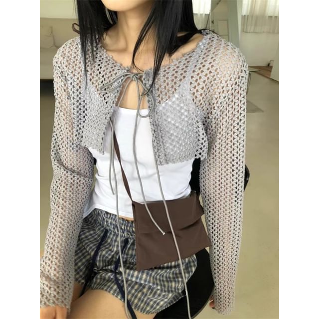 Crew Neck Plain Perforated Tie Front Crop Cardigan