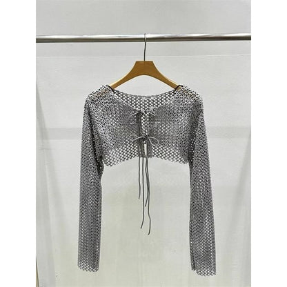 Crew Neck Plain Perforated Tie Front Crop Cardigan