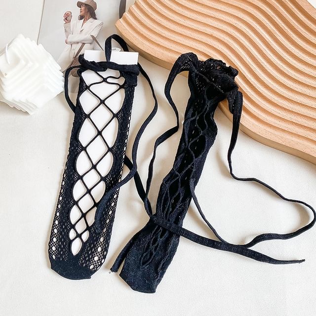 Lace-Up Knee-High Fishnet Socks