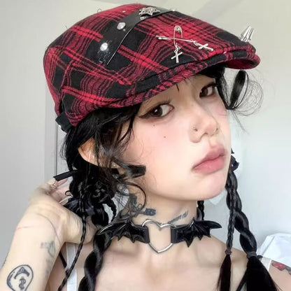 Plaid Pin Accent Newsboy Cap