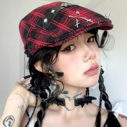 Plaid Pin Accent Newsboy Cap