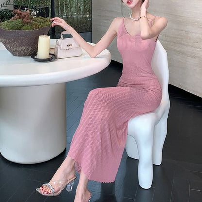 Spaghetti Dress Plain V-Neck Maxi Bodycon Strap