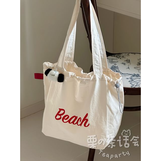 Lettering Print Drawstring Tote Bag / Bag Charm / Set