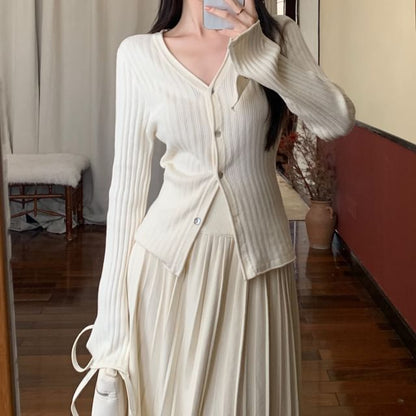 V-Neck Ribbed Cardigan & High Waist Pleated Skirt