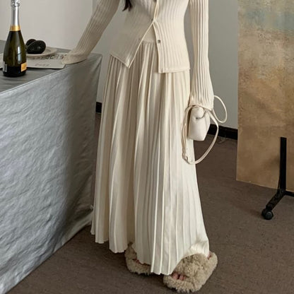 V-Neck Ribbed Cardigan & High Waist Pleated Skirt