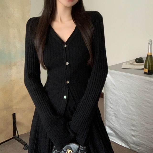 V-Neck Ribbed Cardigan & High Waist Pleated Skirt