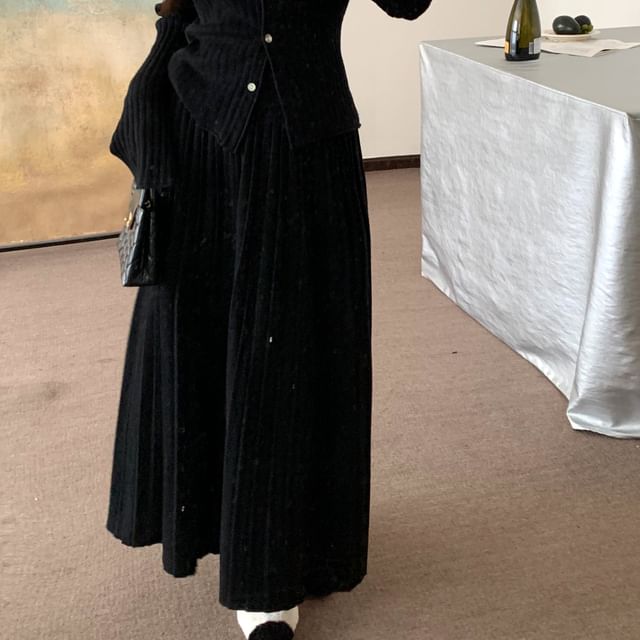V-Neck Ribbed Cardigan & High Waist Pleated Skirt