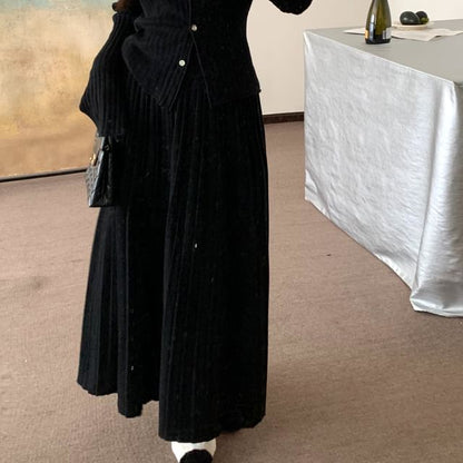 V-Neck Ribbed Cardigan & High Waist Pleated Skirt