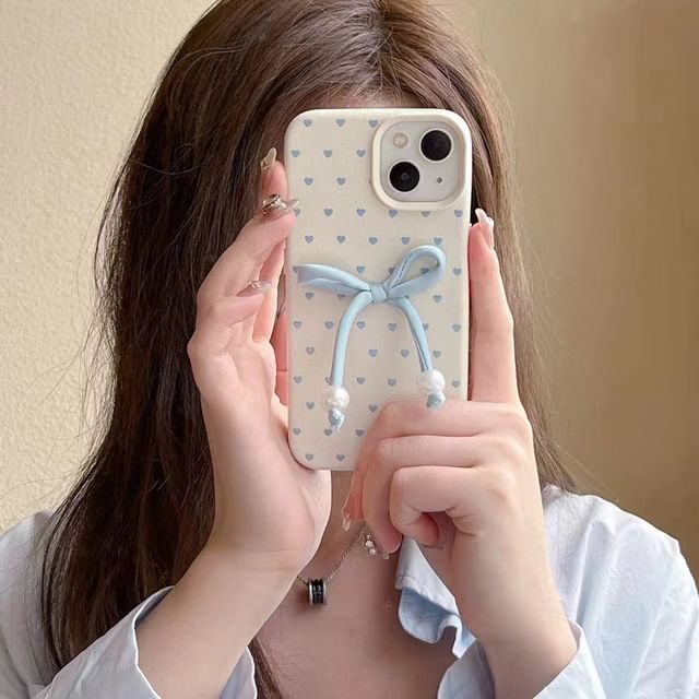 Phone / Bow Faux Case Decoration Leather Set Adhesive Heart