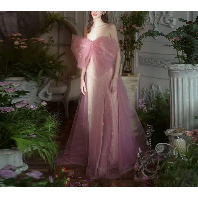 Bow Off-Shoulder A-Line Evening Gown