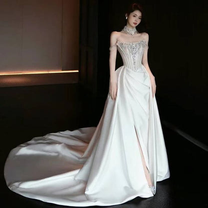 A-Line Off-Shoulder Evening Gown Rhinestone