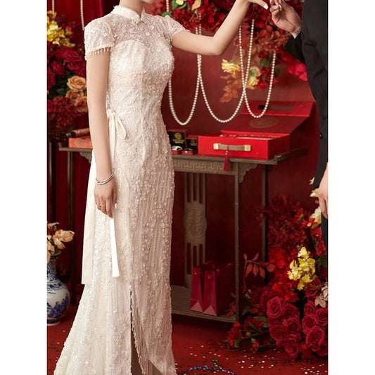 Short-Sleeve Evening Bow A-Line Bead Gown Fringe