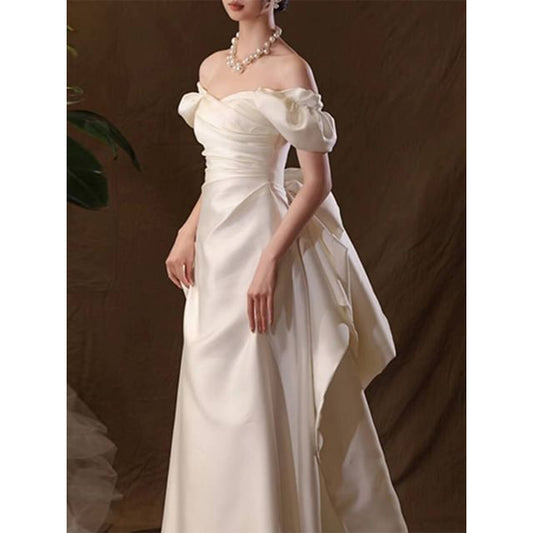 Back Puff-Sleeve Bow A-Line Wedding Gown Off-Shoulder