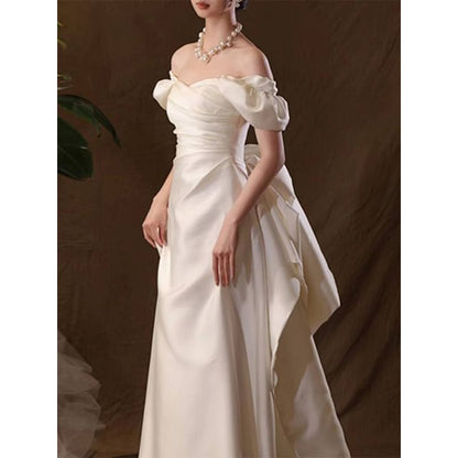 Off-Shoulder Puff-Sleeve Bow Back A-Line Wedding Gown