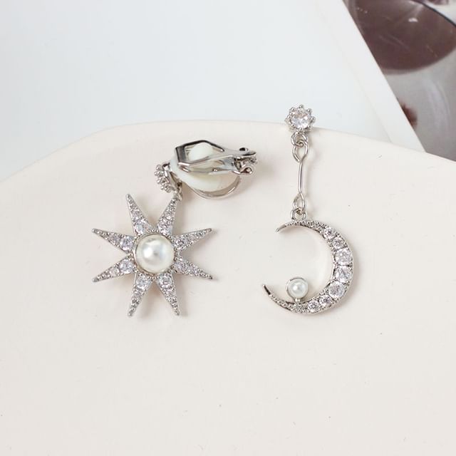 Moon & Star Rhinestone Faux Pearl Asymmetrical Alloy Dangle Earring