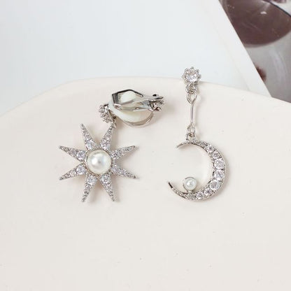 Moon & Star Rhinestone Faux Pearl Asymmetrical Alloy Dangle Earring