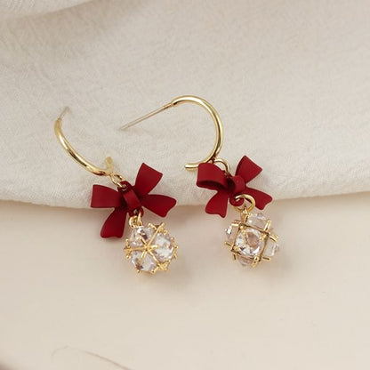 Caged Rhinestone Bow Alloy Dangle Earring