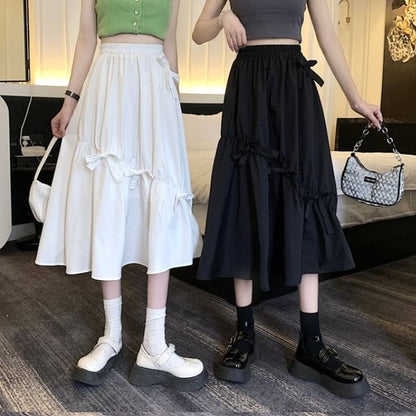 High Waist Plain Bow Midi A-Line Skirt