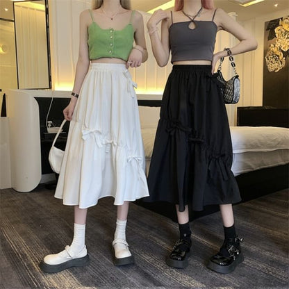 High Waist Plain Bow Midi A-Line Skirt