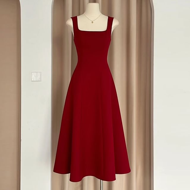 Sleeveless Square Neck Plain A-Line Evening Dress