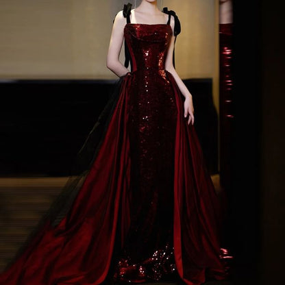 Tie Shoulder Sequin Panel A-Line Evening Gown