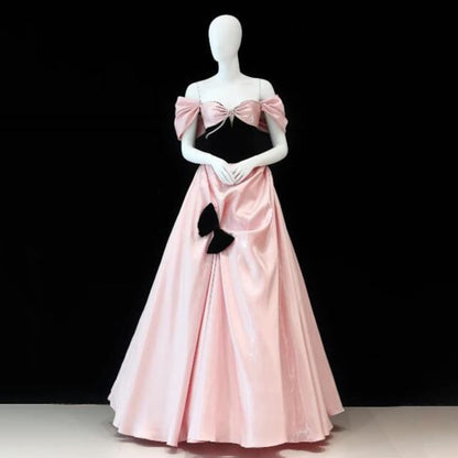 Cold-Shoulder Satin Bow Shirred Evening Gown