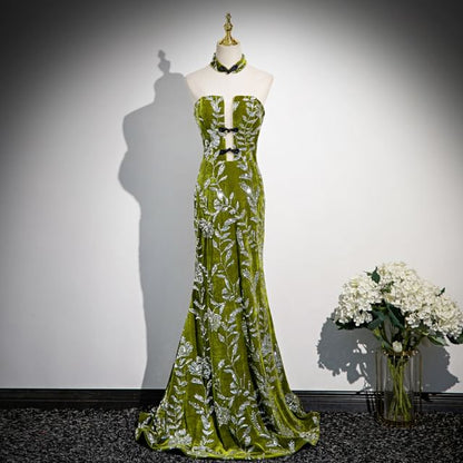 Strapless Floral Print Frog Buttoned Mermaid Evening Gown