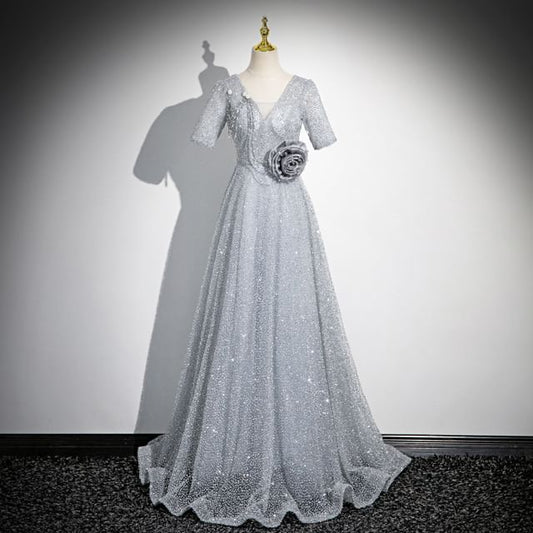 Gown Floral Evening Short-Sleeve Glitter A-Line