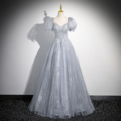 Sweetheart-Neckline Gown Rhinestone A-Line Evening Puff-Sleeve