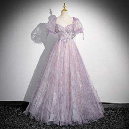 Gown Floral Evening A-Line Sweetheart-Neckline Print Puff-Sleeve