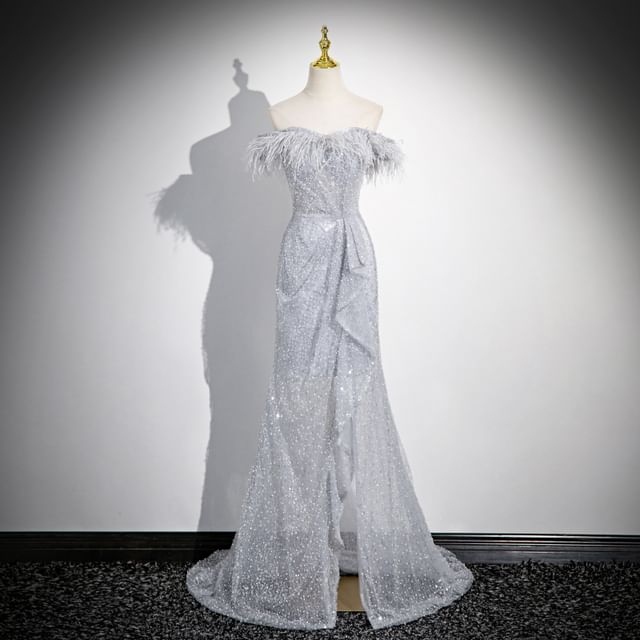 Off-Shoulder Feather Sequin Asymmetrical Ruffled Mermaid Evening Gown
