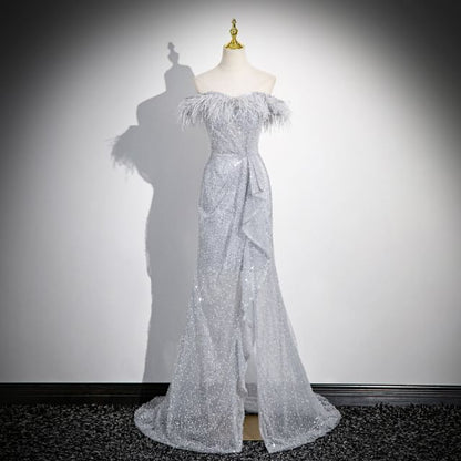 Off-Shoulder Feather Sequin Asymmetrical Ruffled Mermaid Evening Gown