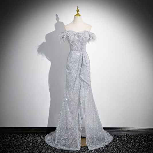 Off-Shoulder Feather Sequin Asymmetrical Ruffled Mermaid Evening Gown