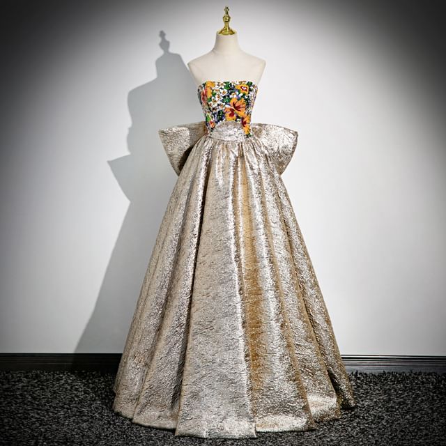 Back A-Line Evening Gown Strapless Floral Bow Print