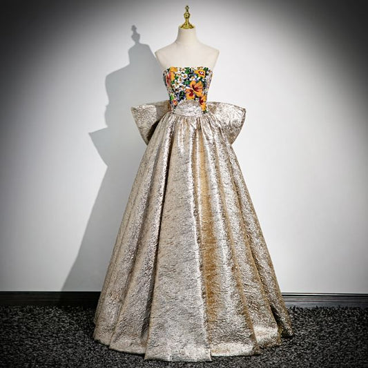 Back A-Line Evening Gown Strapless Floral Bow Print