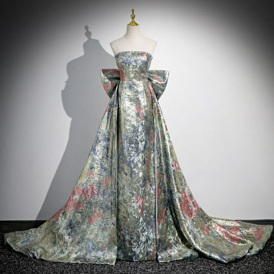 Strapless Evening Back Floral Bow Print A-Line Gown