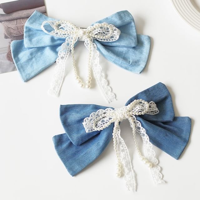 Faux Pearl Beaded Bow Hair Clip