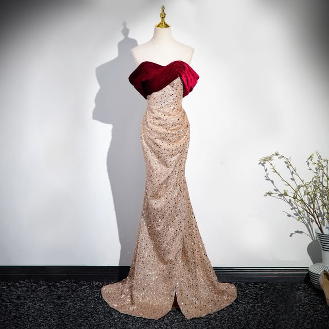 Gown Evening Sequined Strapless Mermaid