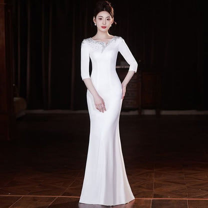 Evening Neck Mermaid Scoop Gown Rhinestone 3/4-Sleeve