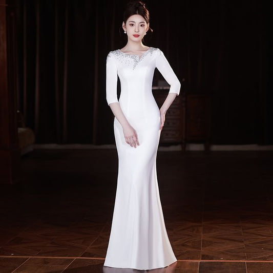 Evening Neck Mermaid Scoop Gown Rhinestone 3/4-Sleeve