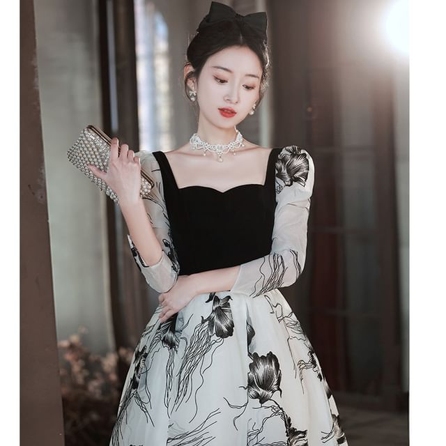 Long-Sleeve Square Neck Floral A-Line Evening Gown