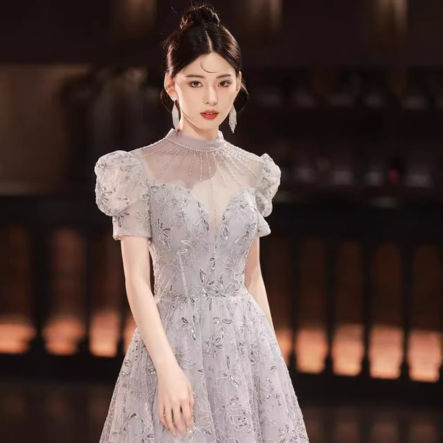 Rhinestone Short-Sleeve A-Line Gown Evening