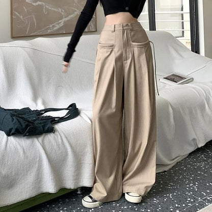 Leg High Wide Pants Pleated Plain Rise Suit