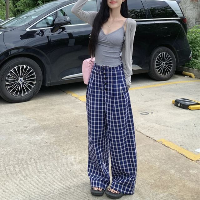 Padded Crop Camisole with Cardigan and Plaid Pants