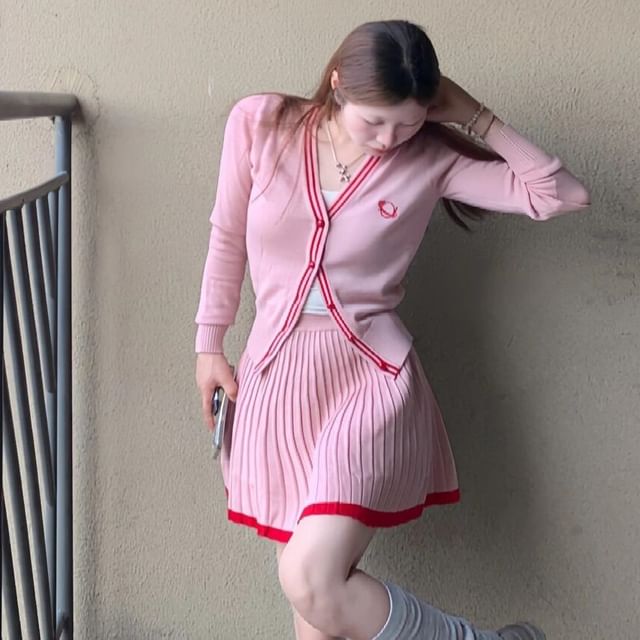 V-Neck Contrast Cardigan with Mini A-Line Skirt