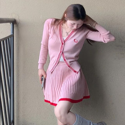 V-Neck Contrast Cardigan with Mini A-Line Skirt