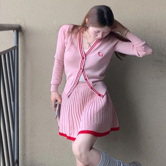 V-Neck Contrast Cardigan with Mini A-Line Skirt