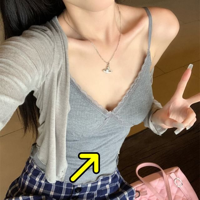 Padded Crop Camisole with Cardigan and Plaid Pants