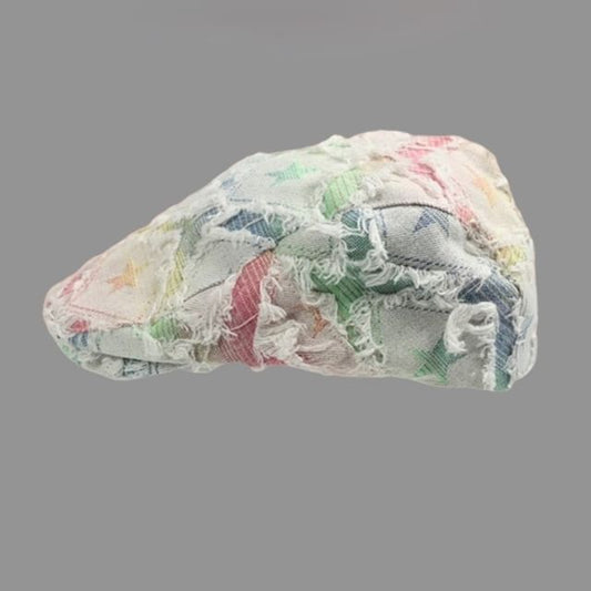 Fringed Distressed Cap Star Denim Print / Trim Newsboy Gradient