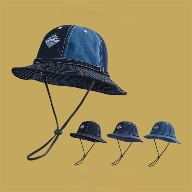 Bucket Denim Applique Contrast Hat Stitching